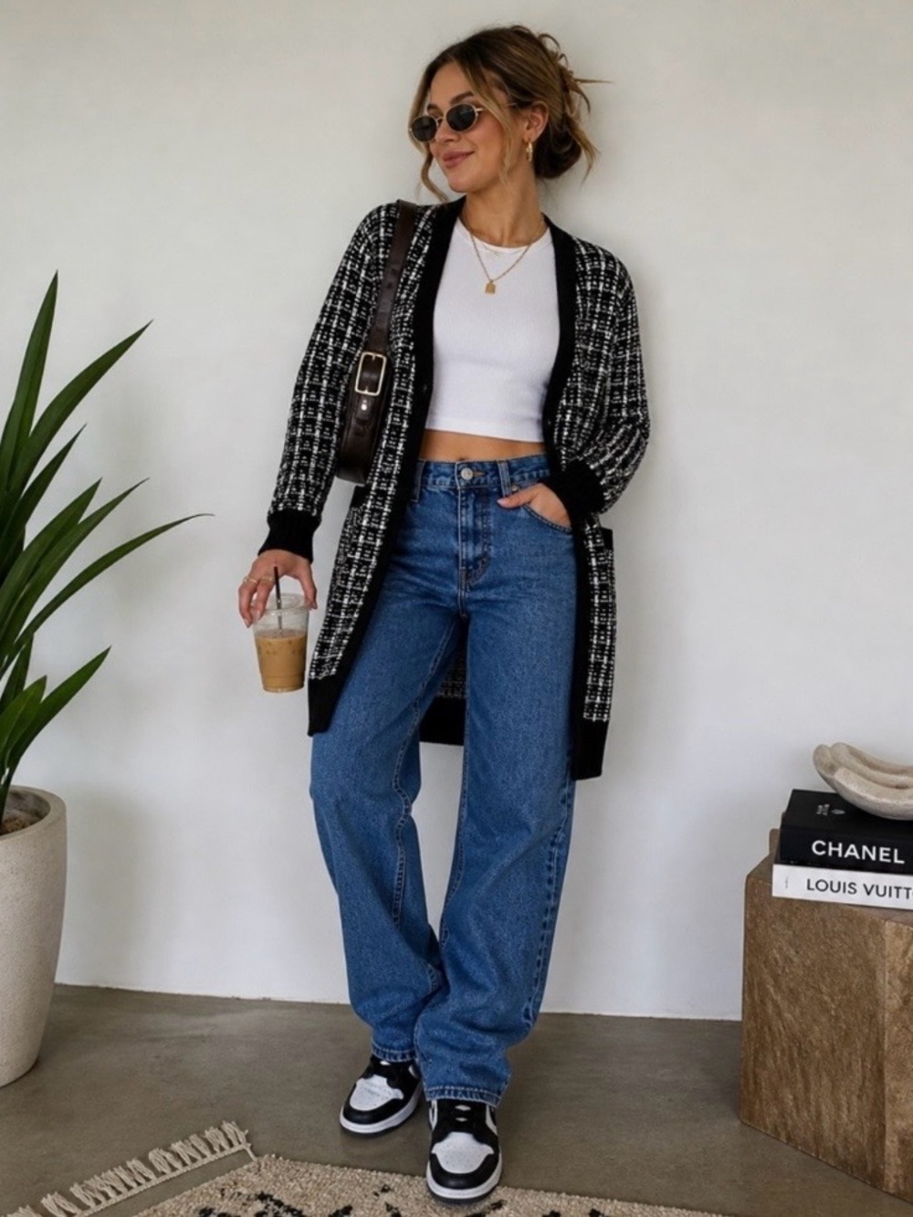 RW&CO. Black and White Open-Front Knit Tweed Pattern Cardigan